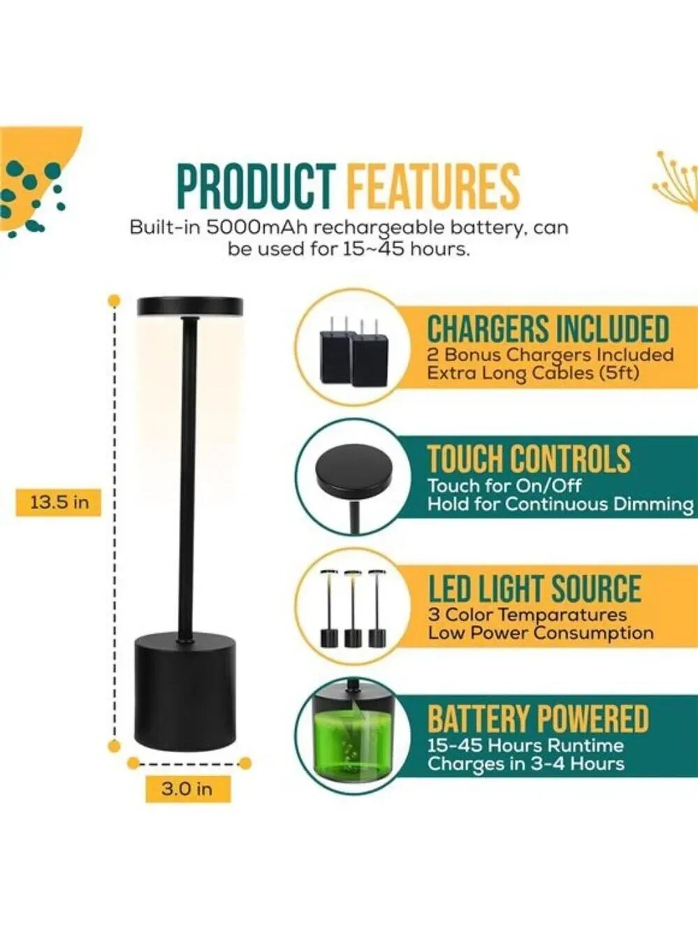 Cordless Table Lamps Set of 2 LED Rechargeable Dimmable USB Mood Light for Patio